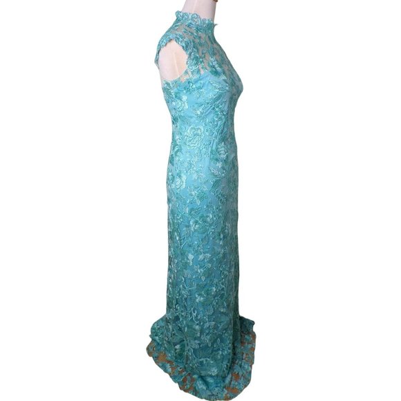 TADASHI SHOJI Embroidered Sheer Lace Mock Neck Gown Aqua 2 NEW - Picture 10 of 13